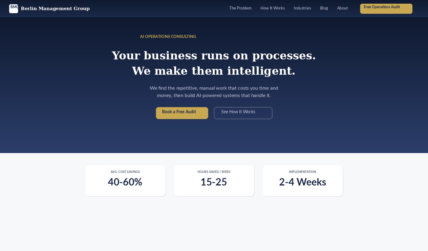 Screenshot of berlinmanagementgroup.ai homepage showing the BMG brand, navigation, and hero section